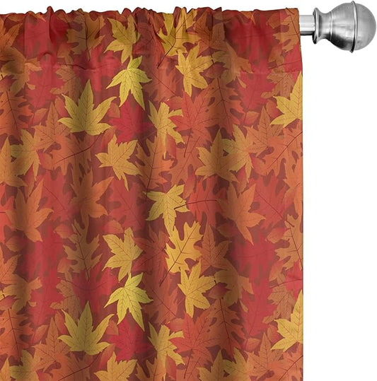 Ambesonne Orange Window Curtains, Colorful Autumn Fall Season Maple Leaves in Unusual Designs Nature Print, Lightweight Decorative Panels Set of 2 with Rod Pocket, Pair of - 28" x 63", Burnt Orange