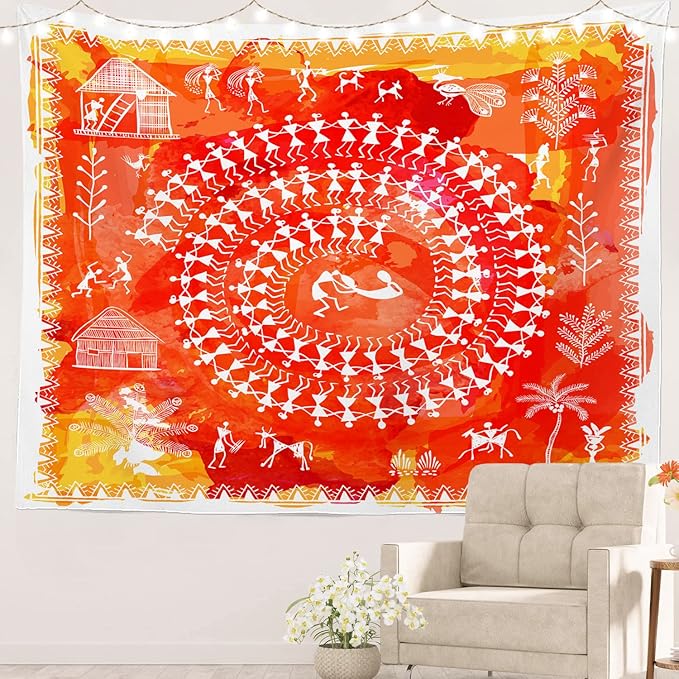 Batmerry Tribal Art Abstract Tapestry, Traditional Ancient Tribal Indian Rural Wall Art Hanging Decoration Polyester Fiber White Ruffled Around for Dorm Room Bedroom Living Room, 59.1x82.7 inches