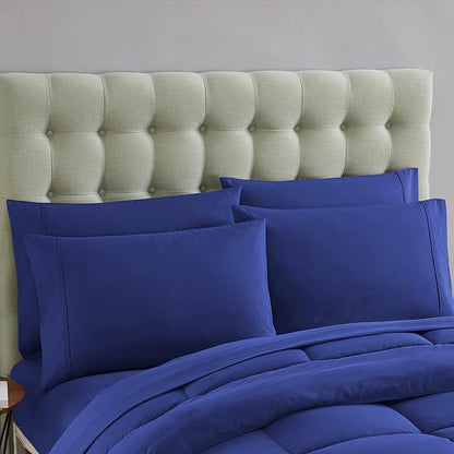 Sweet Home Collection 7 Piece Comforter Set Bag Solid Color All Season Soft Down Alternative Blanket & Luxurious Microfiber Bed Sheets, Royal Blue, King