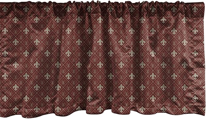 Lunarable Fleur De Lis Window Valance Pack of 2, Fleur-de-Lis in Diamond Shape Lines Classical Cultural Victorian Style, Rod Pocket Curtain Valances for Kitchen Bedroom, 54" X 12", Green Maroon