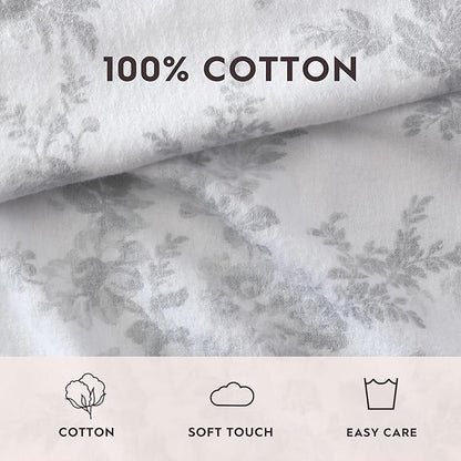 Laura Ashley - Flannel Sheets King Size, Anti-Pilling & Wrinkle Resistant Cotton, Touchably Soft for All-Season Comfort - Bed Sheets with Matching Pillowcases & Fitted Sheet (Vanessa Grey)