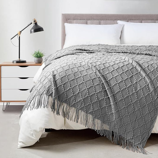 BOURINA Light Grey Throw Blanket 50 x70 Inches Jacquard Argyle Throw Textured Solid Soft Throws and Blankets for Sofa or Bed Knitted Decorative Blanket