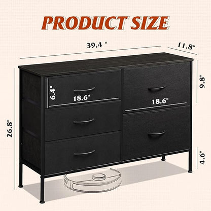 WLIVE Dresser for Bedroom with 5 Drawers, Wide Bedroom Dressers with Drawer Organizers, Chest of Drawers, Fabric Dresser for Living Room, Closet, Hallway, Charcoal Black