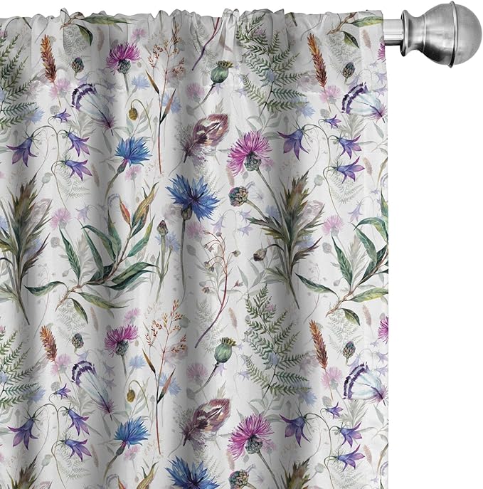 Ambesonne Thistle Window Curtains Pack of 2, Hand-Drawn Watercolor Style Summer Wildflowers Pattern as Cornflower and Thistle, Lightweight Set with Rod Pocket, 4 Panels of - 28" x 63", Green Blue
