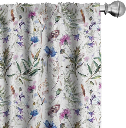 Ambesonne Thistle Window Curtains Pack of 2, Hand-Drawn Watercolor Style Summer Wildflowers Pattern as Cornflower and Thistle, Lightweight Set with Rod Pocket, 4 Panels of - 28" x 63", Green Blue