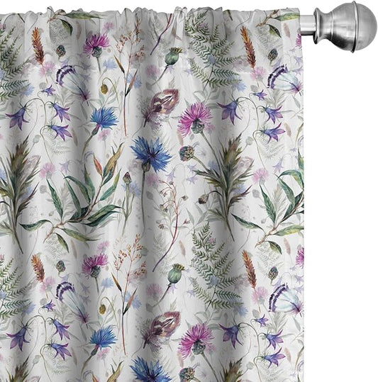 Ambesonne Thistle Window Curtains Pack of 2, Hand-Drawn Watercolor Style Summer Wildflowers Pattern as Cornflower and Thistle, Lightweight Set with Rod Pocket, 4 Panels of - 28" x 84", Green Blue