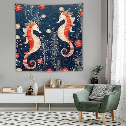 MaSiledy Seahorse Christmas Kiss Beach Tapestries Ocean Theme Tapestry Vintage Aesthetic Tapestries Landscape Tapestry for Bedroom Colorful Wall Hanging Aesthetic Wall Art For Room Decor 60"x60"