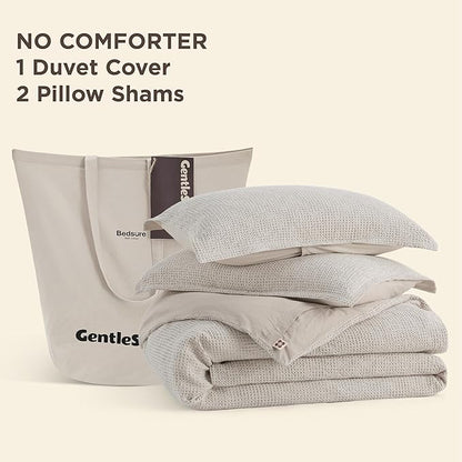 Bedsure Waffle Duvet Cover Queen - Pure Cotton Duvet Cover Linen Color, Space-Dyed for Enhanced Bedroom Aesthetics, GentleSoft™ and Stylish All-Season, 3-Piece Bedding Set with Button Closure, 90"x90"
