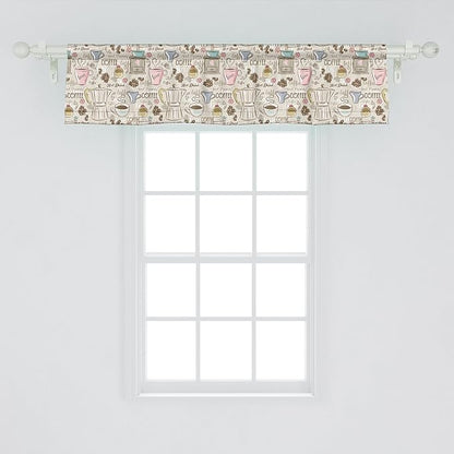 Ambesonne Modern Window Valance Pack of 2, Coffee Time Vintage Espresso Machine Cupcakes Beans Design, Rod Pocket Curtain Valances for Kitchen Bedroom, 42" X 12", Pale Pink Beige