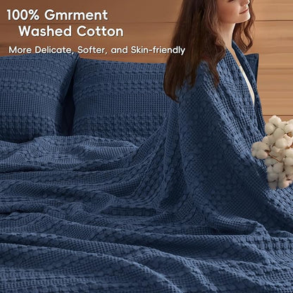 PHF 100% Cotton Waffle Weave Blanket King Size for Bed, Soft Lightweight & Breathable, All-Season Comfort, Luxury Aesthetic Woven Bedding for Home Decor, 108"x90", Blue Sapphire