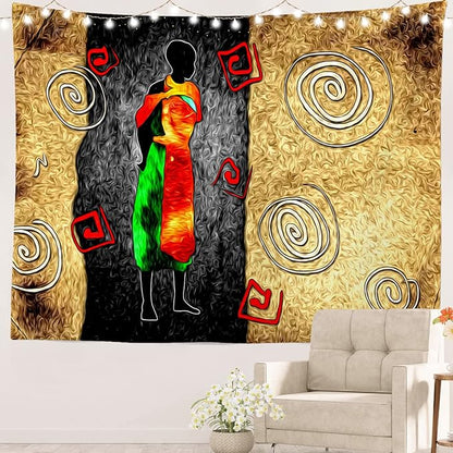 Batmerry African Ethnic Retro Tapestry, Vintage Motive Oil Landscape Fashion Wall Art Hanging Decoration Polyester Fiber White Ruffled Around for Dorm Room Bedroom Living Room, 59.1x82.7 inches
