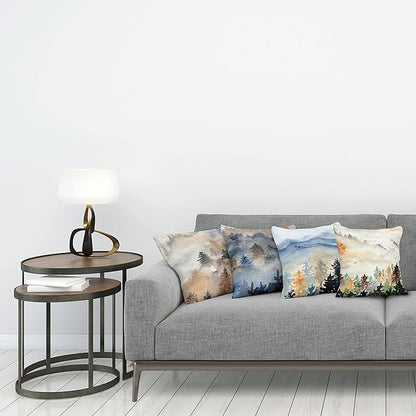 Ambesonne Forest Throw Pillow Cushion Case Pack of 4, Watercolor Painting of Nature Landscape Hazy Mountains and Pine Trees, Modern Accent Double-Sided Digital Printing, 18", Blue Emerald and Cocoa