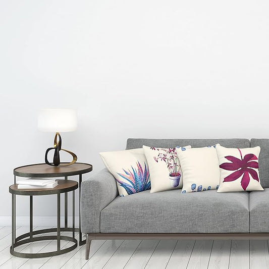 Ambesonne Botanical Throw Pillow Cushion Case Pack of 4, Minimalist Watercolor Painting Leaves Agave Branches Plant in a Pot, Modern Accent Double-Sided Digital Printing, 20", Dark Pink and Ceil Blue