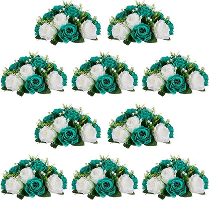 NUPTIO Flower Wedding Centrepieces for Tables - 10 Pcs 9.5in Diameter Teal & White Artificial Flowers Rose Ball for Centerpieces Table - Fake Rose Arrangements for Weddings Birthday Party Decorations