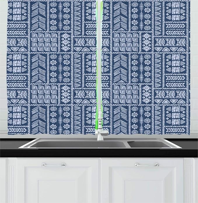 Lunarable Ethnic Kitchen Curtains, Repeated Geometric Tribal Aztec Native Angular Curved Motifs Pattern, Window Drapes 2 Panel Set for Kitchen Cafe Decor, 55" X 39", Dark Sky Blue Pale Mauve