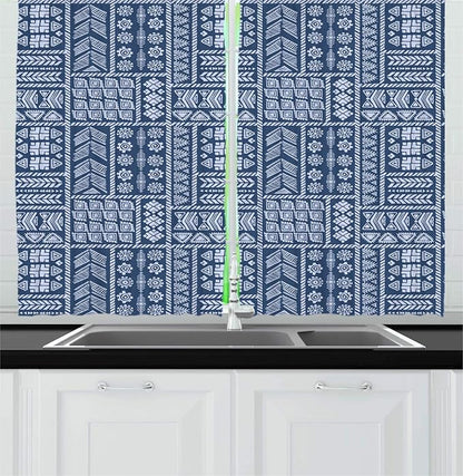 Lunarable Ethnic Kitchen Curtains, Repeated Geometric Tribal Aztec Native Angular Curved Motifs Pattern, Window Drapes 2 Panel Set for Kitchen Cafe Decor, 55" X 39", Dark Sky Blue Pale Mauve