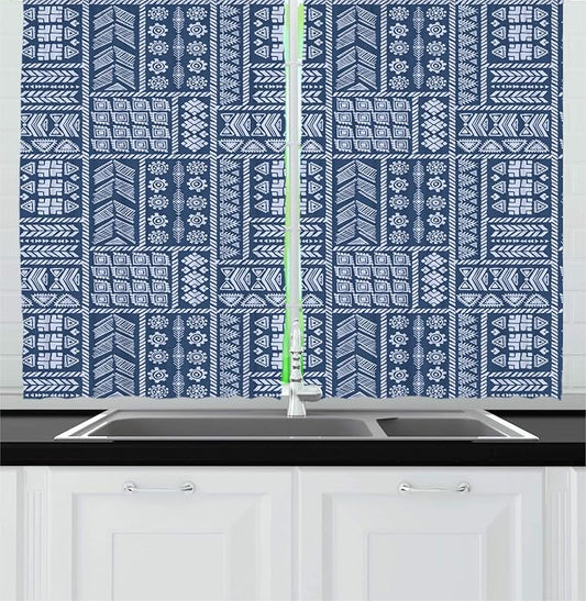 Lunarable Ethnic Kitchen Curtains, Repeated Geometric Tribal Aztec Native Angular Curved Motifs Pattern, Window Drapes 2 Panel Set for Kitchen Cafe Decor, 55" X 39", Dark Sky Blue Pale Mauve