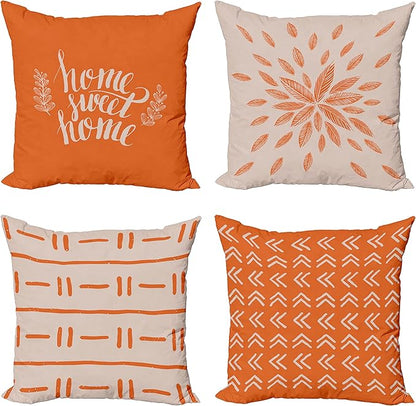 Ambesonne Modern Throw Pillow Cushion Case Pack of 4, Scandinavian Minimal Ornaments Boho Feather Leaves and Home Phrase, Modern Accent Double-Sided Digital Printing, 20", Pale Tan and Burnt Orange