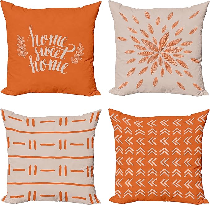 Ambesonne Modern Throw Pillow Cushion Case Pack of 4, Scandinavian Minimal Ornaments Boho Feather Leaves and Home Phrase, Modern Accent Double-Sided Digital Printing, 24", Pale Tan and Burnt Orange
