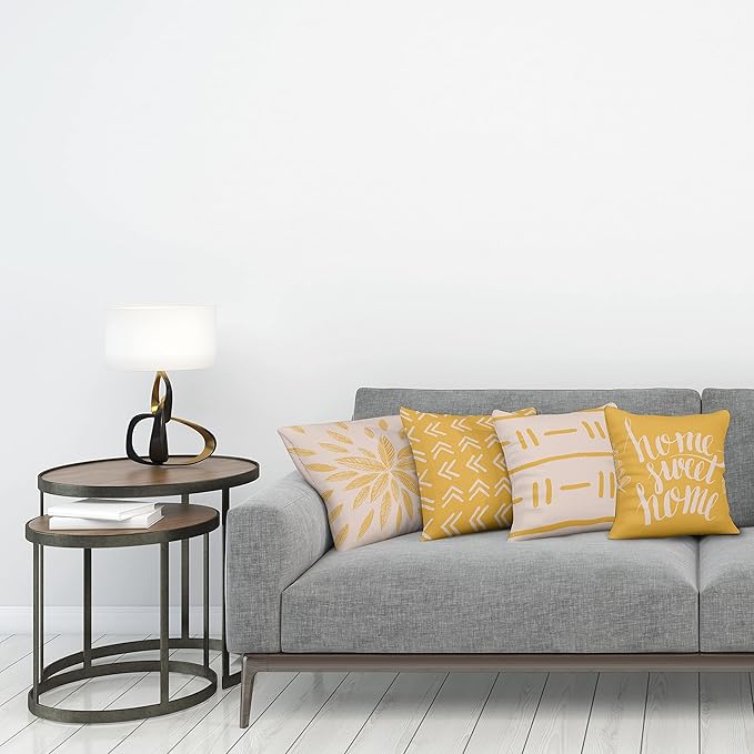 Ambesonne Modern Throw Pillow Cushion Case Pack of 4, Scandinavian Minimal Ornaments Boho Feather Leaves and Home Phrase, Modern Accent Double-Sided Digital Printing, 20", Pale Tan and Earth Yellow