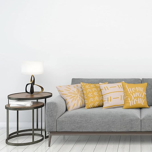 Ambesonne Modern Throw Pillow Cushion Case Pack of 4, Scandinavian Minimal Ornaments Boho Feather Leaves and Home Phrase, Modern Accent Double-Sided Digital Printing, 24", Pale Tan and Earth Yellow