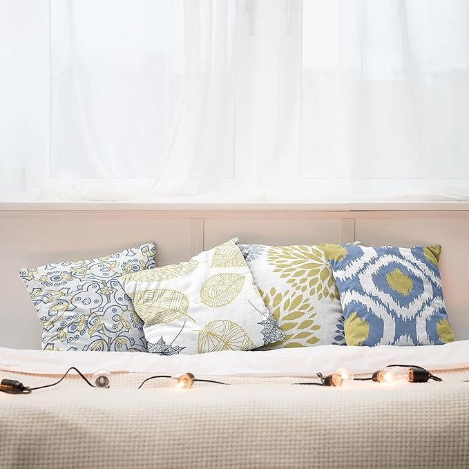 Ambesonne Vintage Throw Pillow Cushion Case Pack of 4, Double-Sided Bohemian Leaves Dahlia Pattern Geometric Art Curlicue, Motif for Modern Home Accent Digital Printing, 20", Mustard Dark Ceil Blue