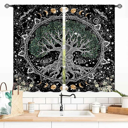 Life Tree Curtains, Hippie Sun Moon Trippy Tree of Life Bohemian Mandala Aesthetci Mystic Witchy Blackout Window Drapery Treatments for Bedroom Living Room Bathroom Decor, 55x39 Inch