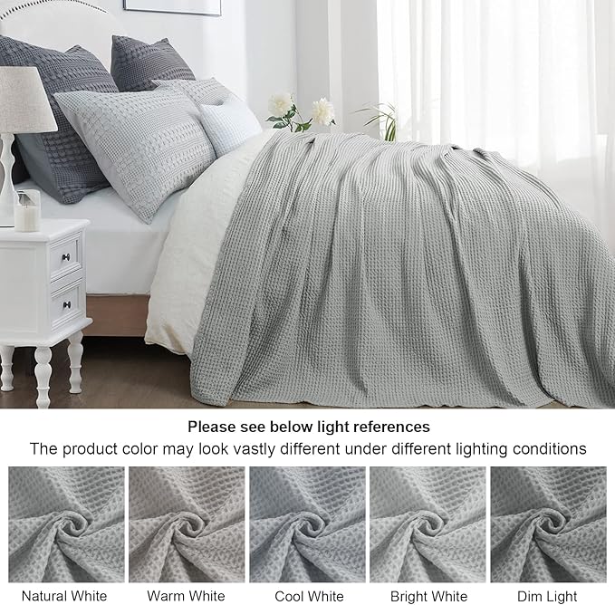 PHF 100% Cotton Waffle Weave Blanket King Size for Bed,Snag Proof Lightweight Breathable Moisture-wicking Throw for Couch,Great for Layering in Cold Weather,Machine Washable,Home Decor Gift-Light Grey