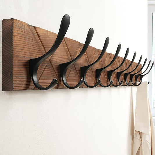 SKOLOO Coat Rack Wall Mount - Antique Wooden Carved- X Cross Coat Hook, Wall Coat Hanger with 10 Hooks for Hanging Coats, Hats, Clothing, Scarfs, Brown & Black