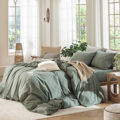 MooMee Bedding Duvet Cover Set 100% Washed Cotton Linen Like Textured Breathable Durable Soft Comfy (Heathered Green, Palatial King/Oversized King 120"x98")