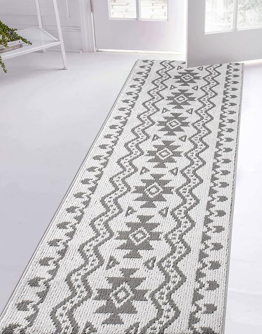 Custom Size Southwestern Style Runner Rug Mat for Wide Hallway Entryway Kitchen Laundry Room with Slip Resistant Latex Rubber Backing, Aztec Light Grey, 31 inch X 10 feet
