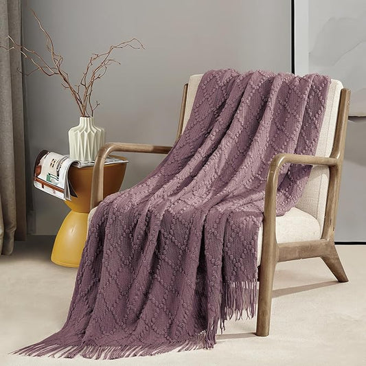 BOURINA Dark Lavender Throw Blanket 50 x70 Inches Jacquard Argyle Throw Textured Solid Soft Throws and Blankets for Sofa or Bed Knitted Decorative Blanket