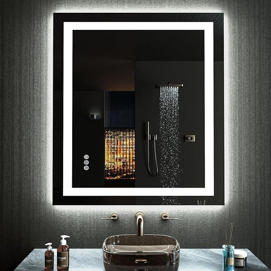 LOAAO 28"X32" LED Bathroom Mirror with Lights, Anti-Fog, Dimmable, RGB Backlit + Front Lighted, Bathroom Vanity Mirror for Wall, Memory Function