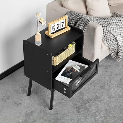 Lerliuo Rattan Nightstands Set of 2, Boho Side Table with Drawer Open Shelf, Cane Accent Bedside End Table with Solid Wood Legs for Bedroom, Dorm and Small Spaces (Black)