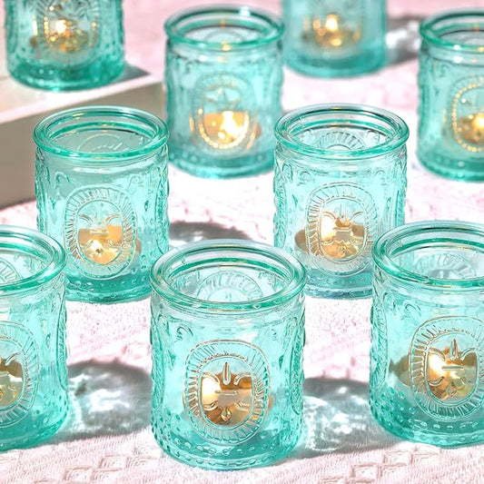 Blue Votive Candle Holders Set of 24, Blue Candle Holders for Wedding Centerpieces, Teal Decor for Home, Vintage Boho Party Table Bridal Shower Centerpieces for Table Decor