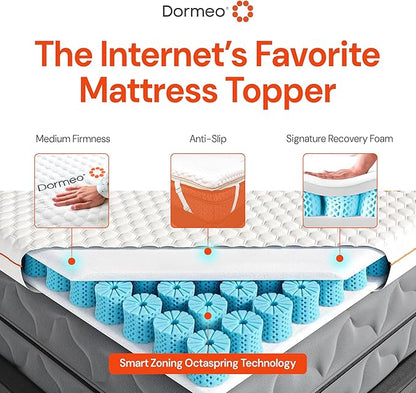 Dormeo Premium Full Size Cooling Mattress Topper - 3-Zone OctaspringⓇ Technology for Optimal Back Support, Anti-Slip Bottom