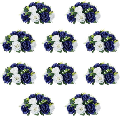 10Pcs Fake Flower Ball Arrangement Bouquet, 9.5" 15 Heads Plastic Roses with Base,Suitable for Parties Valentine's Day Wedding Centerpiece Flower Rack and Home Décor (Navy Blue & White)