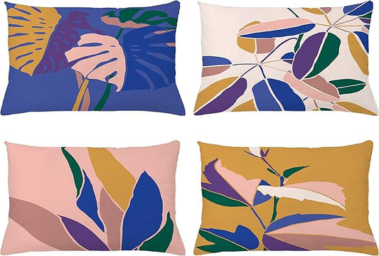 Ambesonne Exotic Throw Pillow Cushion Case Pack of 4, Tropical Themed Leaves Branches Monstera Plant Summer Vibes Pastel, Modern Accent Double-Sided Printing, 20" x 12", Peach Blue Violet Mustard