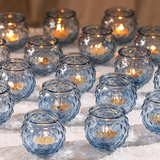 DARJEN 48Pcs Blue Round Candle Holders - Bulk Glass Candle Holders for Vintage Decoration, Tea Lights for Wedding Shower, Party & Gift