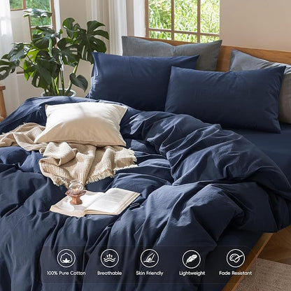 MooMee Bedding Duvet Cover Set 100% Washed Cotton Linen Like Textured Breathable Durable Soft Comfy (Solid Navy, King 104"x90")