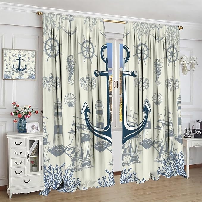 Nautical Anchor Curtains, Vintage Sailboat Ocean Coastal Lighthouse Window Drapes, Navy Blue Coral Shell Seahorse Beach Print Blackout Window Treatments for Living Room Bedroom 42x54 Inch