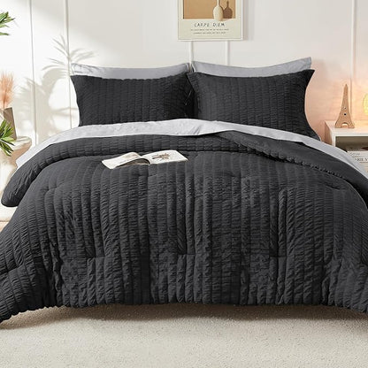 HYMOKEGE Black/Light Grey California King Comforter Set Seersucker 7 Pieces, All Season Luxury Bed in a Bag for Bedroom, Bedding Set with Comforter, Sheets, Pillowcases & Shams