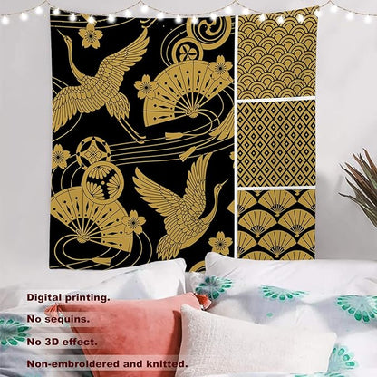 Batmerry Black Oriental Tapestry,Gold Japanese Fan Wall Art Hanging Decoration Polyester Fiber White Ruffled Around for Dorm Room Bedroom Living Room, 59.1x59.1 inches