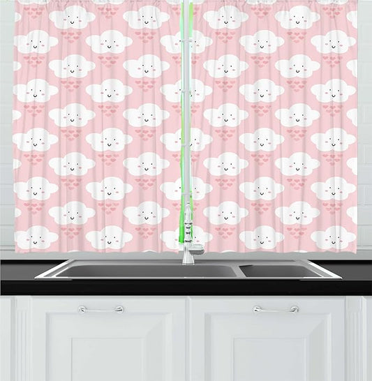 Lunarable Cartoon Kitchen Curtains, Illustration of Smiling Fluffy Clouds and Heart Shapes, Window Drapes 2 Panel Set for Kitchen Cafe Decor, 55" x 30", Rose White
