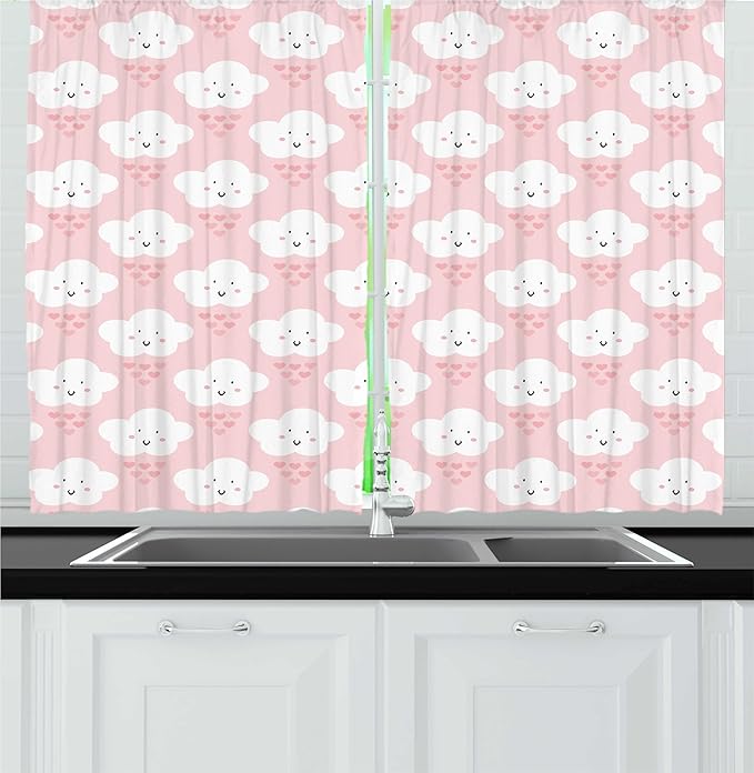Lunarable Cartoon Kitchen Curtains, Illustration of Smiling Fluffy Clouds and Heart Shapes, Window Drapes 2 Panel Set for Kitchen Cafe Decor, 55" x 24", Rose White