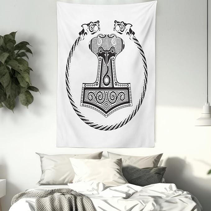 Lunarable Mjolnir Tapestry, Thor's Hammer with Scandinavian Folk Nordic Ornamental Art, Wall Hanging for Bedroom Living Room Dorm Decor, 60" X 80", White Charcoal