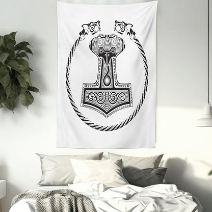 Lunarable Mjolnir Tapestry, Thor's Hammer with Scandinavian Folk Nordic Ornamental Art, Wall Hanging for Bedroom Living Room Dorm Decor, 60" X 80", White Charcoal