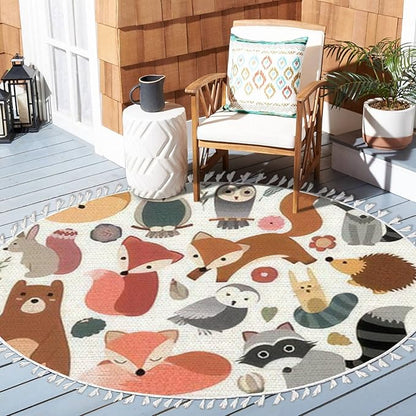 Round Rugs Woodland Animals Cute Forest Design Elements Boho Area Rug Linen and Cotton Carpet Meditation Rug Washable Hallway Runner Mat Accent Rug for Bedroom Bathroom 6ft