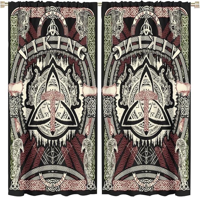 Viking Curtains Nordic Mythology Rune Weapon Antique Viking Pirate Crow Art Pattern Printed Curtains Bedroom Living Room Decoration Blackout Curtains W42 * L54 Inch