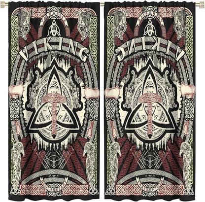 Viking Curtains Nordic Mythology Rune Weapon Antique Viking Pirate Crow Art Pattern Printed Curtains Bedroom Living Room Decoration Blackout Curtains W55 * L63 Inch